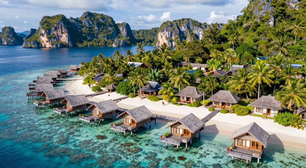 A breathtaking aerial view of various top accommodation options in Raja Ampat, showcasing luxurious overwater bungalows, eco-friendly beachfront lodges, and cozy inland cottages surrounded by lush tropical vegetation. In the foreground, vibrant coral reefs and azure waters shimmer under bright sunlight, reflecting the natural beauty of the area. The middle ground features a well-designed eco-resort, harmoniously blending with the environment, complete with wooden walkways and palm trees. In the background, the iconic limestone karsts rise majestically from the sea, adding to the stunning landscape. Capture this scene with a wide-angle lens to highlight the scale of the accommodations against nature. The mood is serene and inviting, evoking a sense of adventure and relaxation, ideal for travelers seeking a unique getaway.