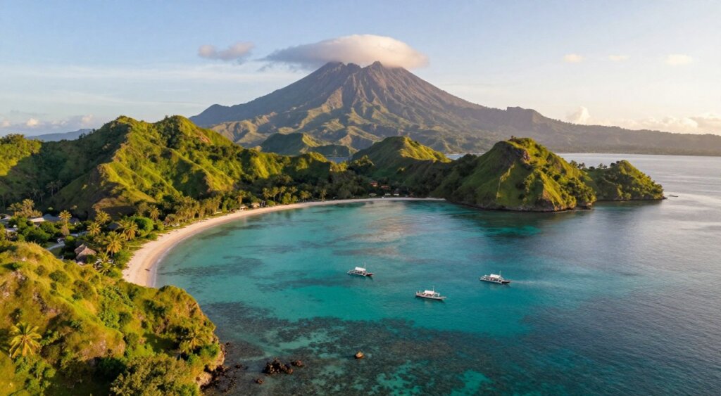 A breathtaking aerial view showcasing the islands of Lombok and the Gili Islands in the foreground, with lush green hills and pristine beaches lining the coastline. In the middle ground, vibrant turquoise waters with traditional wooden boats floating gently, reflecting the sunny sky. The background features Mount Rinjani, towering majestically with a few wispy clouds hugging its peak. Soft sunlight bathes the scene, creating an inviting and warm atmosphere. The angle captures the beauty of the landscape from a slightly elevated perspective, emphasizing the diversity of marine life and tropical vegetation. The overall mood is peaceful and serene, with a hint of adventure, perfect for illustrating the enchanting introduction of these Indonesian islands.