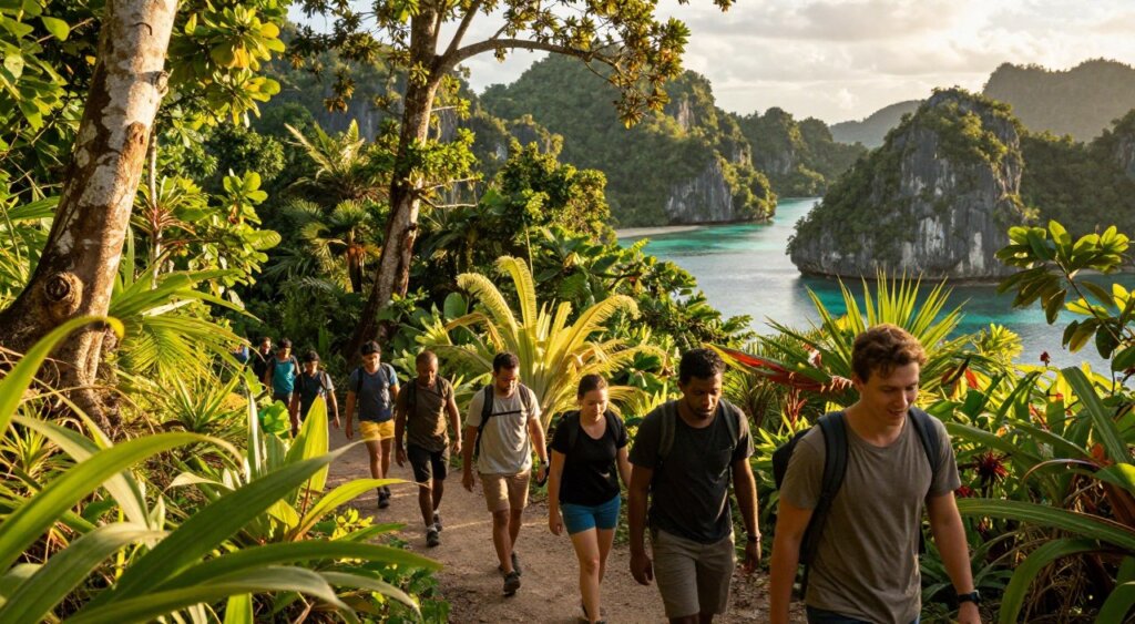 A breathtaking hiking trail in Raja Ampat, Indonesia, surrounded by lush green rainforest and rugged hills. In the foreground, a diverse group of travelers in modest casual clothing navigates the well-trodden path, their expressions reflecting excitement and determination. The middle ground features vibrant tropical plants and towering trees that frame the trail, with dappled sunlight filtering through the leaves, creating a warm and inviting atmosphere. In the background, stunning limestone formations and a glimpse of the sparkling turquoise waters of the surrounding archipelago peek through the foliage, emphasizing the remote beauty of the destination. The scene is captured in golden hour lighting, enhancing the vivid colors and creating a serene but adventurous mood. The angle is slightly elevated, capturing the expanse of the trail and the lush surroundings, akin to a National Geographic photojournalism style.