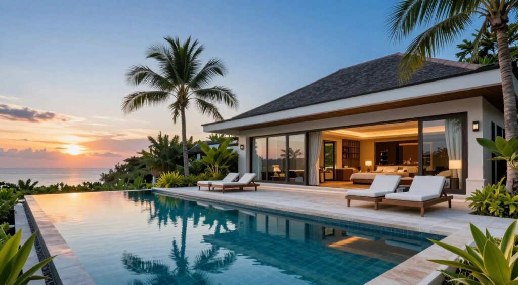 A breathtaking luxury private pool villa in Sanur, featuring a spacious outdoor terrace adorned with modern lounge furniture and tropical plants. In the foreground, a sparkling infinity pool reflects the clear blue sky, framed by inviting sunbeds and elegantly arranged greenery. The middle ground showcases the stylish villa with its large glass windows and open-concept design, inviting in natural light. In the background, the vibrant colors of a sunset paint the sky, with palm trees swaying gently in the breeze. The scene is illuminated by soft golden hour lighting, evoking a serene and luxurious atmosphere. Shot with a wide-angle lens for a dramatic perspective, capturing the tranquility and opulence of this stunning villa. A breathtaking luxury private pool villa in Sanur, featuring a spacious outdoor terrace adorned with modern lounge furniture and tropical plants. In the foreground, a sparkling infinity pool reflects the clear blue sky, framed by inviting sunbeds and elegantly arranged greenery. The middle ground showcases the stylish villa with its large glass windows and open-concept design, inviting in natural light. In the background, the vibrant colors of a sunset paint the sky, with palm trees swaying gently in the breeze. The scene is illuminated by soft golden hour lighting, evoking a serene and luxurious atmosphere. Shot with a wide-angle lens for a dramatic perspective, capturing the tranquility and opulence of this stunning villa.