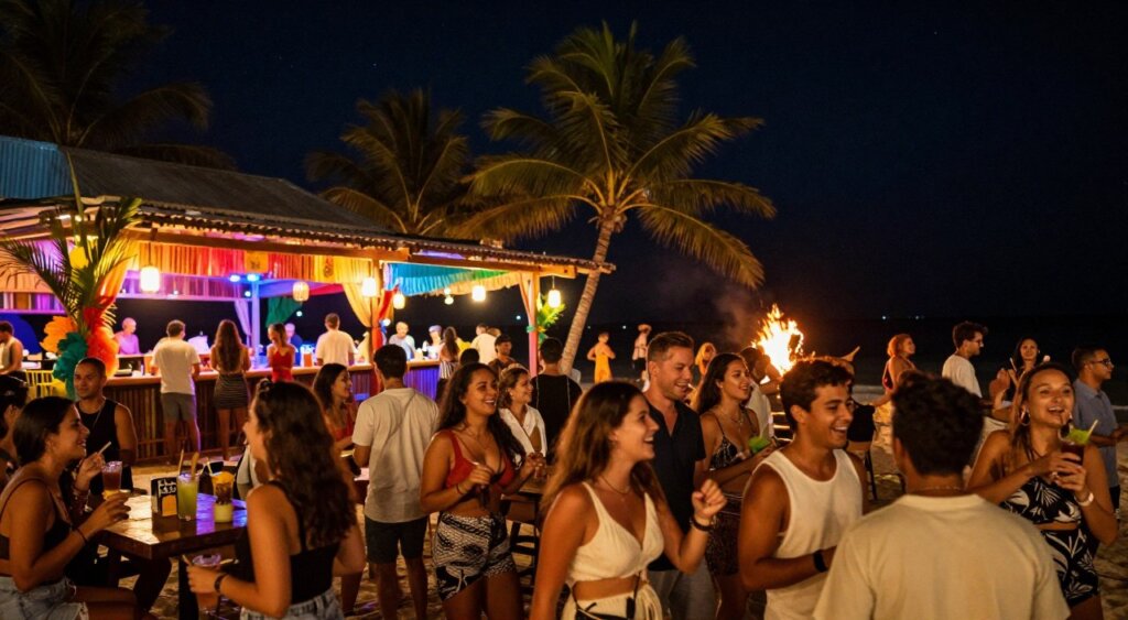 A breathtaking night scene of Gili Islands, showcasing vibrant nightlife. In the foreground, groups of diverse young adults are mingling and enjoying themselves, laughing and dancing in modest casual attire. The middle ground features lively beach bars adorned with colorful lights and tropical decor, with people sipping cocktails at wooden tables. The background includes silhouettes of palm trees swaying gently in the breeze, under a starry sky illuminated by the soft glow of lanterns and bonfires. Capture the warm, festive atmosphere with rich colors that reflect the energy of island parties. Use a wide-angle lens to emphasize the bustling ambiance, with soft focus on the crowd while keeping the bars sharply defined to evoke a sense of warmth and joy.