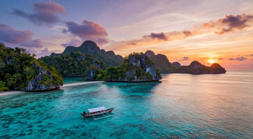 A breathtaking overview of Bigkanu Raja Ampat tours, featuring a serene coastal landscape. In the foreground, a traditional wooden boat rests on crystal-clear turquoise waters, showcasing vibrant coral reefs beneath the surface. The middle ground reveals lush green islands, dotting the water, with jagged rock formations rising dramatically against the sky. In the background, a brilliant sunset casts warm hues of orange, pink, and purple across the clouds, reflecting softly on the water's surface. The atmosphere is tranquil and inviting, embodying the beauty of untouched nature. The scene is captured with a wide-angle lens, emphasizing the expansive beauty of the landscape under soft, natural lighting, evoking a sense of adventure and serenity.