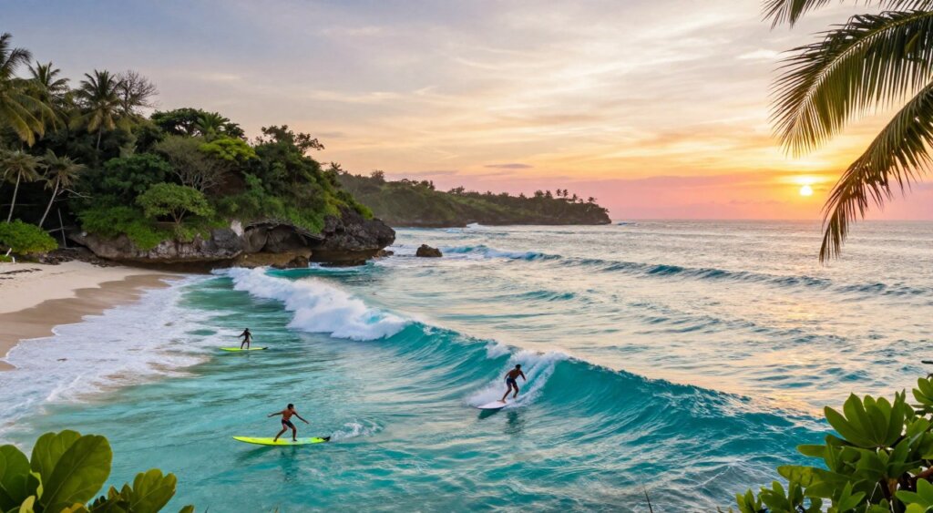 A breathtaking, panoramic view of a stunning Indonesian surf spot, showcasing crystal-clear turquoise waters and pristine white sandy beaches. In the foreground, expert surfers catch waves, their silhouettes etched against the glimmering ocean as they skillfully maneuver on brightly colored boards. The middle ground features lush green cliffs and palm trees framing the scene, accentuating the tropical atmosphere. In the background, bold waves crash against rocky outcrops under a vibrant sunset sky, casting warm golden and pink hues across the horizon. The composition captures the energy and excitement of surfing culture in Indonesia, with a focus on natural beauty and adventure. The lighting is soft and warm, enhancing the tranquil yet exhilarating mood of this idyllic surf destination, shot with a wide-angle lens for immersive detail. A breathtaking, panoramic view of a stunning Indonesian surf spot, showcasing crystal-clear turquoise waters and pristine white sandy beaches. In the foreground, expert surfers catch waves, their silhouettes etched against the glimmering ocean as they skillfully maneuver on brightly colored boards. The middle ground features lush green cliffs and palm trees framing the scene, accentuating the tropical atmosphere. In the background, bold waves crash against rocky outcrops under a vibrant sunset sky, casting warm golden and pink hues across the horizon. The composition captures the energy and excitement of surfing culture in Indonesia, with a focus on natural beauty and adventure. The lighting is soft and warm, enhancing the tranquil yet exhilarating mood of this idyllic surf destination, shot with a wide-angle lens for immersive detail.
