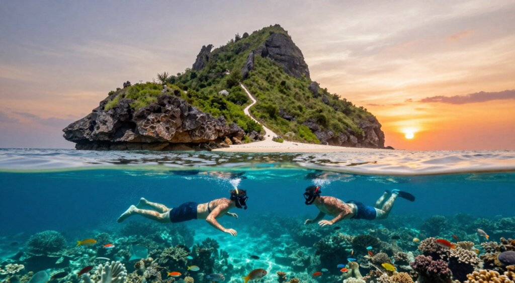 A breathtaking scene capturing the dual adventure of snorkeling and hiking at Lombok's Desert Point. In the foreground, two adventurous individuals wearing modest casual clothing are snorkelling in the crystal-clear turquoise waters, surrounded by vibrant coral reefs teeming with colorful fish. In the middle ground, the rugged coastal cliffs and lush greenery are visible, with a well-trodden hiking path winding towards the peak. The sky is a blend of warm oranges and soft pinks as the sun sets on the horizon, casting an enchanting glow over the landscape. The perspective is wide-angle, showcasing both the underwater beauty and the dramatic coastline. The mood is exhilarating and serene, inviting adventure seekers to explore the wonders of Lombok.