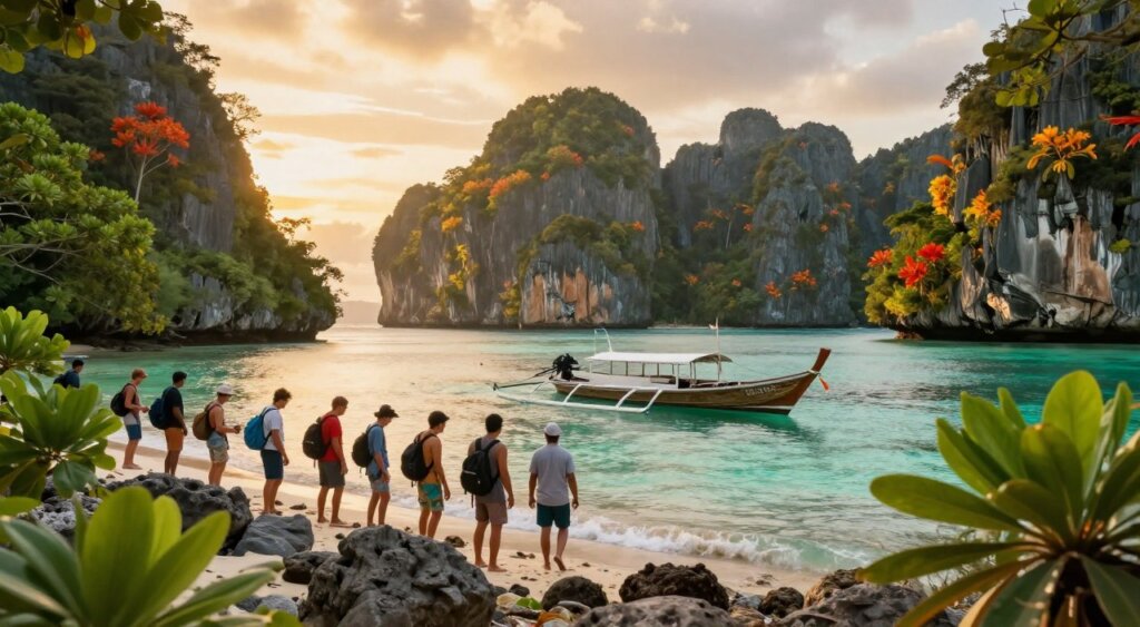 A breathtaking scene capturing the exploration of Raja Ampat's islands. In the foreground, a group of diverse travelers in modest casual clothing are embarking on an adventure, standing on a rocky shoreline with lush greenery surrounding them. The middle ground features turquoise waters gently lapping at the beach, with a traditional wooden boat anchored nearby. In the background, dramatic limestone cliffs rise sharply from the sea, adorned with vibrant tropical flora. The sky is painted in warm hues of sunset, casting a golden glow over the landscape. The image should have a soft focus effect to create a dreamy atmosphere, evoking a sense of wonder and tranquility, reminiscent of National Geographic quality photography, with natural lighting and a slight vignette. A breathtaking scene capturing the exploration of Raja Ampat's islands. In the foreground, a group of diverse travelers in modest casual clothing are embarking on an adventure, standing on a rocky shoreline with lush greenery surrounding them. The middle ground features turquoise waters gently lapping at the beach, with a traditional wooden boat anchored nearby. In the background, dramatic limestone cliffs rise sharply from the sea, adorned with vibrant tropical flora. The sky is painted in warm hues of sunset, casting a golden glow over the landscape. The image should have a soft focus effect to create a dreamy atmosphere, evoking a sense of wonder and tranquility, reminiscent of National Geographic quality photography, with natural lighting and a slight vignette.