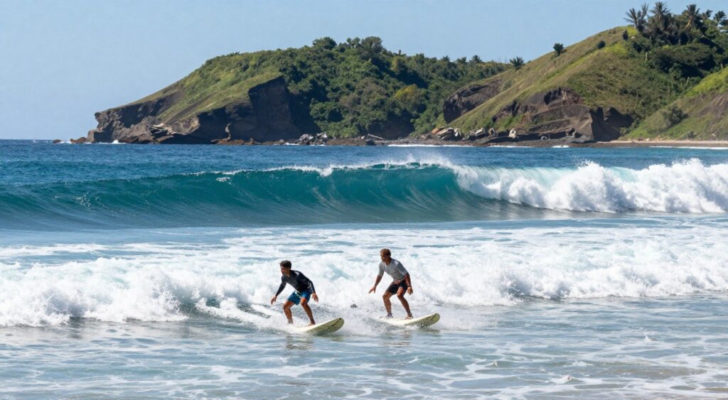 A breathtaking scene capturing the surfing conditions at Lombok's Desert Point. In the foreground, two surfers in modest casual attire are poised on their boards, ready to ride the perfect wave. The middle layer features a series of beautifully formed waves breaking with foamy white crests, reflecting sunlight in brilliant shades of turquoise and cobalt blue. In the background, the rugged coastline of Lombok rises majestically, covered in lush greenery and distant cliffs under a clear, vibrant sky. The lighting is bright and natural, highlighting the movement of the water and the surfers, with a warm, adventurous atmosphere that conveys the thrill of catching waves. The angle is slightly elevated to provide a dynamic perspective of the surfing action and the stunning landscape.