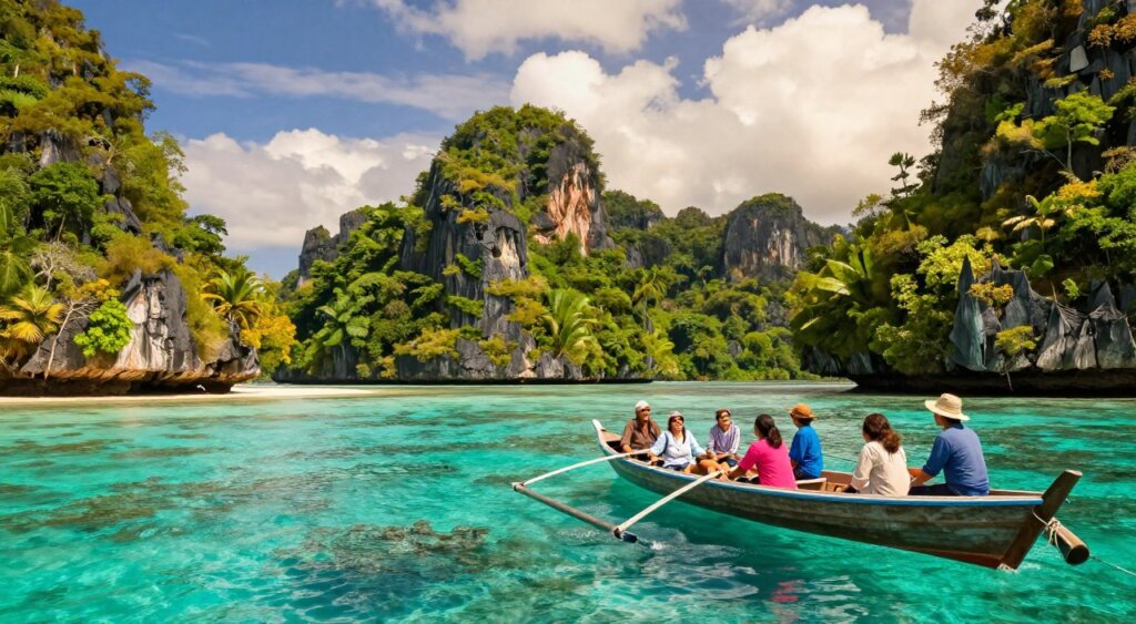 A breathtaking scene capturing the vibrant island hopping activities in Raja Ampat, Indonesia. In the foreground, a small wooden boat carries tourists dressed in modest casual clothing, their expressions filled with joy and wonder. In the middle ground, lush green islands rise from the crystal-clear turquoise waters, adorned with coral reefs visible beneath the surface. The background features dramatic limestone cliffs and a skyline dotted with fluffy white clouds, hinting at a sunny day. The lighting is warm and inviting, illuminating the vibrant colors of the foliage and the bright blue hues of the water. The composition evokes a sense of adventure and tranquility, conveying the unique beauty and allure of Raja Ampat's natural landscape. A breathtaking scene capturing the vibrant island hopping activities in Raja Ampat, Indonesia. In the foreground, a small wooden boat carries tourists dressed in modest casual clothing, their expressions filled with joy and wonder. In the middle ground, lush green islands rise from the crystal-clear turquoise waters, adorned with coral reefs visible beneath the surface. The background features dramatic limestone cliffs and a skyline dotted with fluffy white clouds, hinting at a sunny day. The lighting is warm and inviting, illuminating the vibrant colors of the foliage and the bright blue hues of the water. The composition evokes a sense of adventure and tranquility, conveying the unique beauty and allure of Raja Ampat's natural landscape.