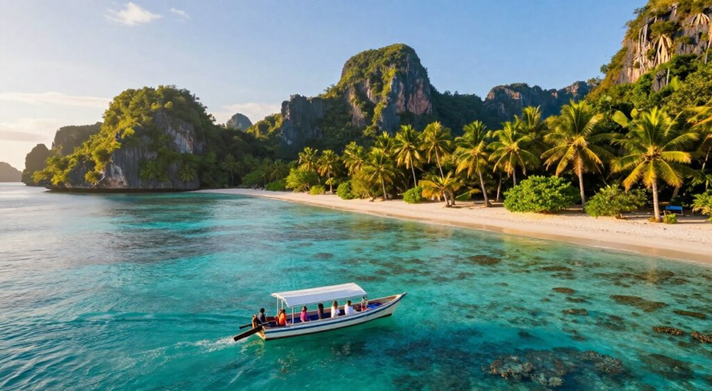 A breathtaking scene of exclusive island hopping in Raja Ampat, showcasing multiple lush, green islands surrounded by crystal-clear turquoise waters. In the foreground, a small, elegant boat with tourists in modest casual clothing explores the vibrant coral reefs beneath the surface. The middle ground features a lush tropical island with palm trees and soft sandy beaches, inviting relaxation and adventure. In the background, dramatic limestone cliffs rise majestically against a clear blue sky, reflecting the serene atmosphere of this remote paradise. Golden hour lighting bathes the scene in warm tones, creating a peaceful and magical ambiance. The image composition is shot from a slightly elevated angle, accentuating the vibrant colors and the natural beauty of this tropical destination, ideal for travel enthusiasts.