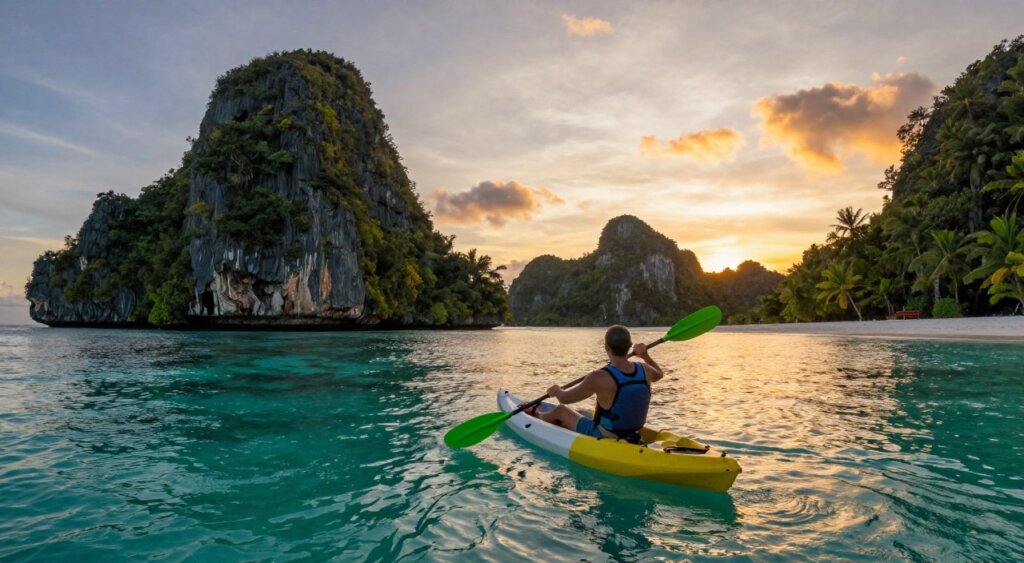 A breathtaking scene of kayaking in Raja Ampat during the optimal visiting season. In the foreground, a kayaker with a relaxed expression is gliding through crystal-clear turquoise waters, paddling gently with a vibrant green paddle. They are dressed in modest, casual outdoor clothing, showcasing their connection with nature. The middle ground reveals a cluster of lush limestone islands rising dramatically from the sea, adorned with tropical foliage and patches of white sandy beaches. In the background, a stunning sunset casts warm golden and orange hues across the sky, reflecting off the water's surface, creating a serene and inviting atmosphere. Captured with a wide-angle lens, the image emphasizes the grandeur of the islands while maintaining a sense of tranquility, perfect for illustrating outdoor activities in Raja Ampat.