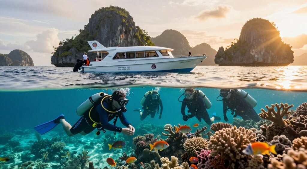 A breathtaking scene showcasing the beauty of Raja Ampat, with vibrant coral reefs and diverse marine life visible beneath crystal-clear turquoise waters. In the foreground, a group of professional divers in modest wetsuits examines colorful fish and corals, embodying the excitement of discounted diving trips. In the middle, a sleek dive boat with a friendly crew is anchored nearby, exhibiting symbols of discounts and promotions subtly integrated into the design. The background features stunning limestone islands rising from the sea, kissed by golden sunlight that suggests a warm and inviting atmosphere. Utilize a shallow depth of field to focus on the divers while keeping the background slightly blurred. Capture this moment during the golden hour for soft, warm lighting, creating a mood of adventure and exploration in this tropical paradise. A breathtaking scene showcasing the beauty of Raja Ampat, with vibrant coral reefs and diverse marine life visible beneath crystal-clear turquoise waters. In the foreground, a group of professional divers in modest wetsuits examines colorful fish and corals, embodying the excitement of discounted diving trips. In the middle, a sleek dive boat with a friendly crew is anchored nearby, exhibiting symbols of discounts and promotions subtly integrated into the design. The background features stunning limestone islands rising from the sea, kissed by golden sunlight that suggests a warm and inviting atmosphere. Utilize a shallow depth of field to focus on the divers while keeping the background slightly blurred. Capture this moment during the golden hour for soft, warm lighting, creating a mood of adventure and exploration in this tropical paradise.