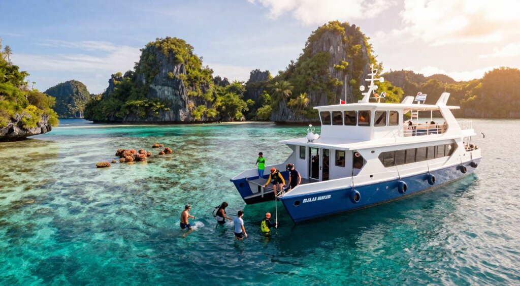 A breathtaking scenic view of a liveaboard diving trip in Raja Ampat, focusing on a spacious, modern diving boat anchored in crystal-clear turquoise waters. In the foreground, divers in modest casual clothing prepare to enter the water, showcasing excitement and camaraderie. The middle ground features vibrant coral reefs teeming with colorful marine life, while the background highlights the dramatic limestone islands surrounded by lush greenery under a bright, sunny sky. The lighting is warm and inviting, casting soft reflections on the water’s surface. Capture this moment with a slightly elevated angle using a wide-angle lens to emphasize the beauty and vastness of the landscape, creating an adventurous and inviting atmosphere that captures the essence of diving in Raja Ampat. A breathtaking scenic view of a liveaboard diving trip in Raja Ampat, focusing on a spacious, modern diving boat anchored in crystal-clear turquoise waters. In the foreground, divers in modest casual clothing prepare to enter the water, showcasing excitement and camaraderie. The middle ground features vibrant coral reefs teeming with colorful marine life, while the background highlights the dramatic limestone islands surrounded by lush greenery under a bright, sunny sky. The lighting is warm and inviting, casting soft reflections on the water’s surface. Capture this moment with a slightly elevated angle using a wide-angle lens to emphasize the beauty and vastness of the landscape, creating an adventurous and inviting atmosphere that captures the essence of diving in Raja Ampat.