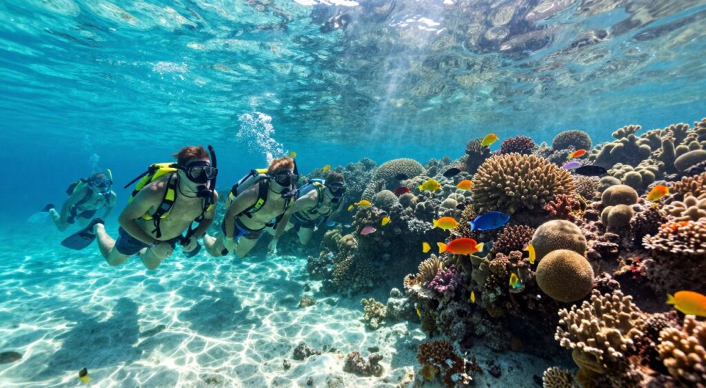 A breathtaking snorkeling scene in Raja Ampat, showcasing vibrant coral reefs and diverse marine life. In the foreground, a group of snorkelers in modest casual beachwear, equipped with snorkeling gear, explore the underwater world, their faces filled with wonder. The middle ground features colorful coral formations and schools of tropical fish swimming gracefully, creating a lively underwater tapestry. In the background, the sun filters through the water, creating shimmering rays that dance on the ocean floor. The image captures the serenity and beauty of this unique destination, highlighting the crystal-clear turquoise waters and lush green islands. The lighting is bright and inviting, enhancing the vivid colors of the underwater ecosystem. Shot at an underwater angle to emphasize the snorkelers' immersion in this natural paradise, evoking a sense of adventure and discovery.
