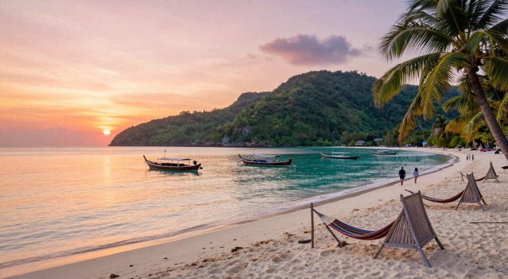 A breathtaking sunrise over the Gili Islands, capturing the vibrant hues of orange and pink reflecting off the tranquil turquoise waters. In the foreground, a palm-fringed sandy beach is adorned with small beach cabanas and colorful hammocks gently swaying in the breeze. The middle ground features traditional wooden boats bobbing softly on the water, while a few tourists in modest casual clothing enjoy the serene atmosphere, strolling along the shore. In the background, lush green hills rise dramatically against the sky. Soft, warm lighting enhances the peaceful and inviting mood of this tropical paradise, evoking a sense of tranquility and the perfect time for a visit. The scene is shot with a wide-angle lens to encompass the expansive beauty of the landscape. A breathtaking sunrise over the Gili Islands, capturing the vibrant hues of orange and pink reflecting off the tranquil turquoise waters. In the foreground, a palm-fringed sandy beach is adorned with small beach cabanas and colorful hammocks gently swaying in the breeze. The middle ground features traditional wooden boats bobbing softly on the water, while a few tourists in modest casual clothing enjoy the serene atmosphere, strolling along the shore. In the background, lush green hills rise dramatically against the sky. Soft, warm lighting enhances the peaceful and inviting mood of this tropical paradise, evoking a sense of tranquility and the perfect time for a visit. The scene is shot with a wide-angle lens to encompass the expansive beauty of the landscape.
