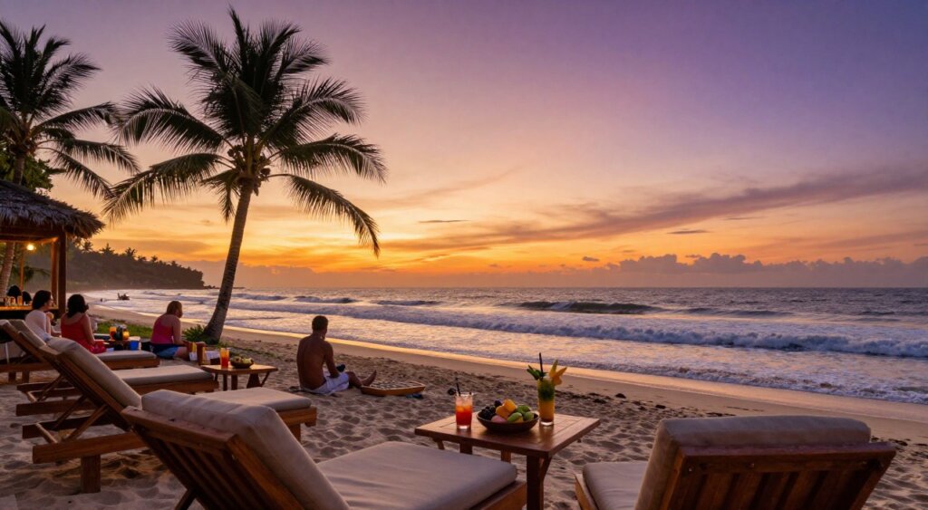 A breathtaking sunset view at a Canggu beachfront venue, capturing the vibrant colors of the sky transitioning from orange to deep purple. In the foreground, elegant wooden lounge chairs with soft cushions invite relaxation, while a tastefully arranged table holds tropical drinks and fresh fruit. The middle ground features gently lapping waves, their foamy edges reflecting the sunset hues. Silhouettes of palm trees sway lightly in the warm breeze, enhancing the tropical atmosphere. In the background, beachgoers enjoy the serene ambiance, dressed in stylish yet modest casual clothing. The scene is bathed in the warm, golden light of the setting sun, creating a tranquil and inviting mood. Shot with a wide-angle lens to capture the expansive beach and sky, emphasizing the harmonious blend of nature and leisure.