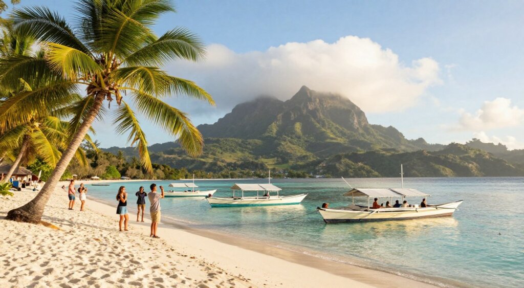 A breathtaking tropical landscape showcasing the best time to visit Lombok and the Gili Islands. In the foreground, vibrant green palm trees sway gently in a warm breeze, alongside pristine white sandy beaches. In the middle ground, traditional wooden boats anchored in crystal-clear turquoise waters reflect the sunlight, while a group of casually dressed travelers enjoys the scene, smiling and taking photos. The background reveals lush volcanic mountains, partly shrouded in morning mist, under a bright blue sky dotted with fluffy white clouds. Soft, warm lighting creates a welcoming atmosphere, ideal for showcasing a serene holiday vibe. The image captures the essence of relaxation and exploration, evoking the allure of these Indonesian wonders.
