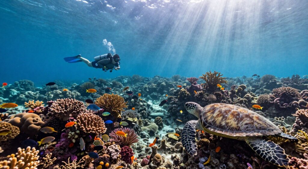 A breathtaking underwater paradise in Raja Ampat, featuring vibrant coral reefs teeming with colorful fish, sea turtles gliding gracefully, and beams of sunlight filtering through the crystal-clear water. In the foreground, a diver in a modest wetsuit explores the rich marine life, surrounded by schools of tropical fish. The middle ground showcases intricate coral formations and a variety of sea flora, creating a lush underwater landscape. In the background, the majestic outline of a remote island rises above the surface, bathed in soft, natural light. The scene is serene and inviting, evoking a sense of adventure and tranquility, exemplary of a hidden gem in the world’s oceans. Use a wide-angle lens to capture the expansive beauty, focusing on the harmonious colors and details of this unique ecosystem.