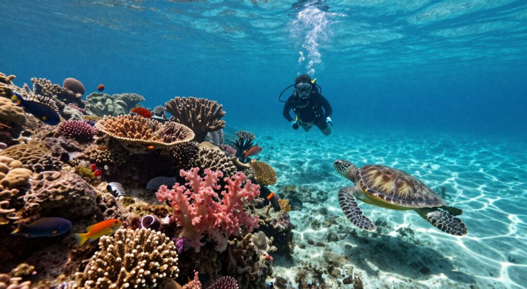 A breathtaking underwater scene capturing the essence of Raja Ampat’s best diving spots. In the foreground, vibrant coral reefs teeming with diverse marine life, including colorful reef fish, sea turtles, and soft corals swaying gently in the current. The middle ground features a scuba diver in modest diving gear, exploring the underwater landscape, showcasing a sense of adventure and discovery. In the background, crystal-clear water illuminated by sunlight filtering through the surface, casting ethereal patterns on the ocean floor. The mood is serene and inviting, evoking a sense of wonder and tranquility. The image should be in high resolution, resembling National Geographic photojournalism, emphasizing the richness of marine biodiversity and the beauty of the underwater world.