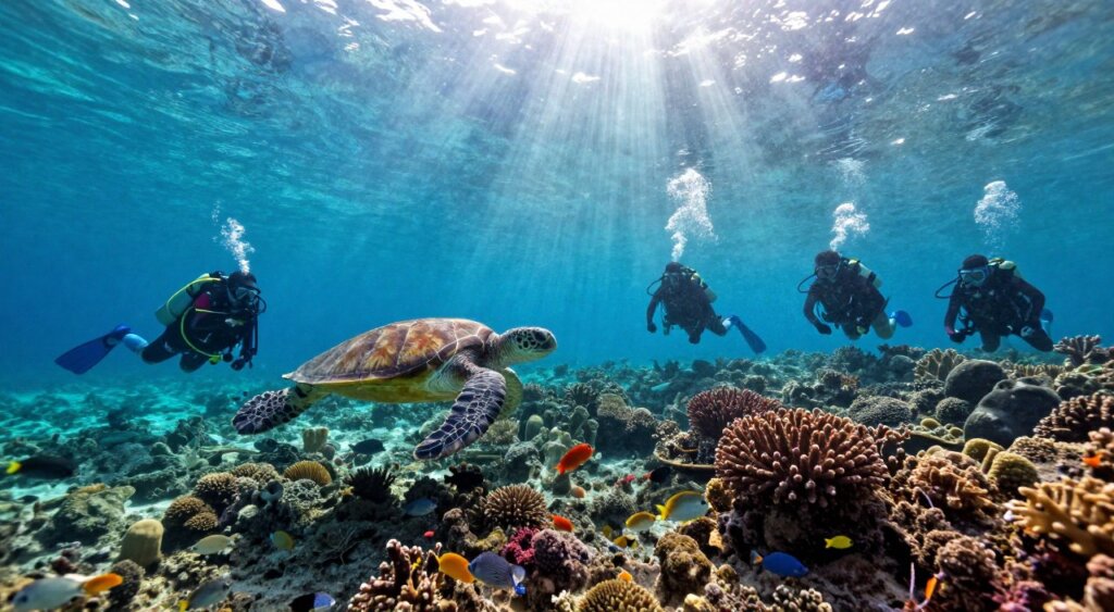 A breathtaking underwater scene capturing the essence of scuba diving in the Gili Islands during peak season. In the foreground, a group of divers in colorful, professional diving gear explore a vibrant coral reef teeming with life, showcasing various tropical fish and intricate corals. In the middle ground, a serene sea turtle glides gracefully through the crystal-clear turquoise waters, while the distant silhouette of a dive boat bobbing gently on the surface adds context to the dive environment. The background reveals sunbeams piercing through the water's surface, creating a mesmerizing play of light and shadow. The scene is illuminated with natural sunlight, emphasizing the transparency of the water and the vivid colors of marine life. The overall mood is tranquil yet adventurous, encapsulating the thrill of diving in one of the world's premier locations.