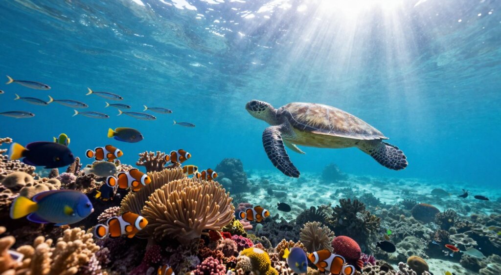 A breathtaking underwater scene capturing the vibrant marine life around Lombok and Komodo. In the foreground, a diverse array of tropical fish, including clownfish, parrotfish, and anemonefish, swim amidst colorful coral reefs teeming with life. The middle ground features a majestic sea turtle gliding gracefully through the water, while a school of shimmering sardines swirls nearby. In the background, sun rays pierce through the crystal-clear water, illuminating the serene ocean floor and distant silhouettes of rock formations. The overall mood is tranquil and adventurous, reflecting the spirit of exploration in this stunning marine paradise. Use natural lighting to enhance the vibrant colors and textures, and aim for an immersive perspective as if the viewer is diving into this underwater wonderland.