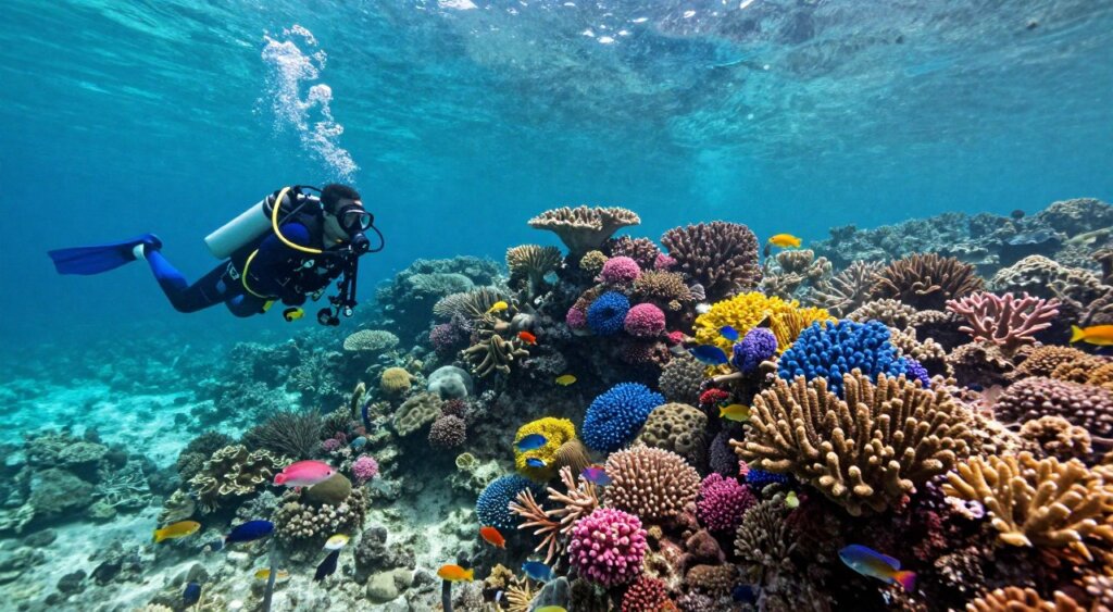 A breathtaking underwater scene depicting the top dive sites of Raja Ampat, showcasing vibrant coral reefs teeming with diverse marine life. In the foreground, a skilled scuba diver in professional diving gear explores a colorful coral garden with schools of tropical fish. The middle ground features a stunning reef structure, with coral formations in shades of pink, blue, and yellow, while small fish dart around. The background reveals the clear turquoise waters of Raja Ampat, illuminated by soft, dappled light filtering through the surface. The scene conveys a serene and adventurous atmosphere, embodying the beauty and wonder of underwater exploration. Use a wide-angle lens to capture the full expanse of the coral reef and marine life, emphasizing the clarity and vibrant colors of this unique dive location.