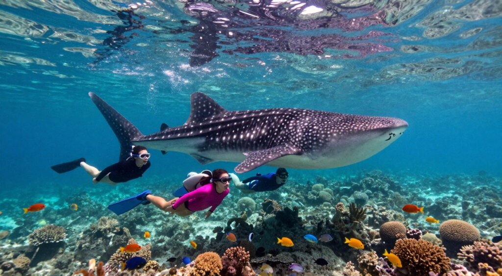 A breathtaking underwater scene featuring divers swimming alongside majestic whale sharks in the clear, turquoise waters of Indonesia. In the foreground, a diverse group of divers, clothed in bright, modest wetsuits, effortlessly glides through the water, their expressions filled with awe and excitement. In the middle of the scene, a colossal whale shark gracefully glides, showcasing its unique, patterned skin against the vibrant coral reef below. Surrounding them, schools of colorful tropical fish swim harmoniously, adding life to the aquatic environment. The sun's rays penetrate the water surface, creating shimmering patterns and illuminating the underwater world, enhancing the serene and exhilarating atmosphere. Captured with a wide-angle lens to emphasize the scale and beauty of this marine experience, the image embodies a sense of adventure and respect for nature while highlighting the importance of safe and responsible diving practices.