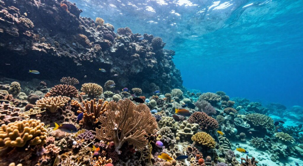 A breathtaking underwater scene featuring the Friwen Wall in Raja Ampat, Indonesia. In the foreground, vibrant coral reefs display a myriad of colors, teeming with diverse marine life such as schools of fish and delicate sea fans. The middle ground captures the striking wall itself, showcasing its rocky texture and the interplay of light filtering through the surface, creating an ethereal glow. In the background, the serene blue of the ocean transitions into a deeper hue, hinting at greater depths. The image is illuminated with soft, natural lighting, revealing a sense of tranquility and wonder. Capture the perspective from an angle slightly above the water, emphasizing the transition from sea to coral, evoking a sense of exploration and the beauty of nature in this pristine underwater paradise.
