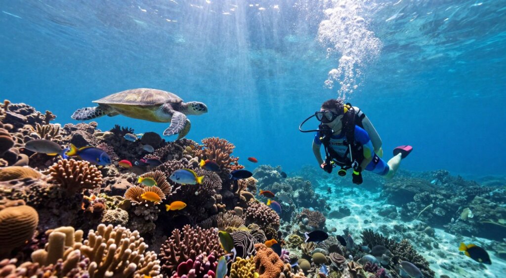 A breathtaking underwater scene in Raja Ampat, showcasing a diverse coral reef teeming with vibrant marine life. In the foreground, a scuba diver in modest, colorful wetsuit explores the coral formations, equipped with high-quality scuba gear. The diver's curious pose suggests discovery, with bubbles gently rising around them. In the middle ground, schools of tropical fish dart between corals, while a majestic sea turtle glides gracefully above the seabed. In the background, soft rays of sunlight penetrate the clear blue water, creating an ethereal glow that highlights the beauty of the underwater landscape. The atmosphere is vibrant, peaceful, and invigorating, capturing the essence of adventure in one of the world’s most stunning diving locations. The composition is shot with a wide-angle lens to emphasize the depth and richness of this underwater paradise.