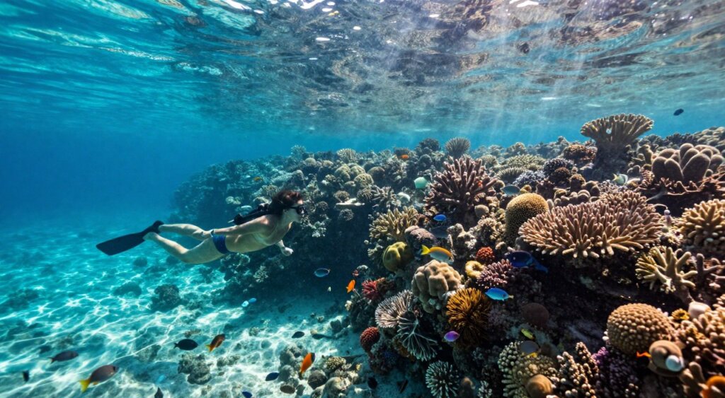 A breathtaking underwater scene in Raja Ampat, showcasing crystal-clear turquoise waters ideal for freediving. The foreground features a diver in professional, modest swim attire, gracefully exploring vibrant coral reefs teeming with colorful marine life, including schools of tropical fish. In the middle ground, a diverse array of corals creates a stunning natural landscape which draws the eye deeper into the image. The background reveals the sun filtering through the surface, casting shimmering rays that illuminate the underwater scene and enhance the vivid colors of the corals and fish. Captured in high-resolution, the photo conveys a serene and inviting atmosphere, exemplifying the ideal freediving conditions of this tropical paradise. The angle should suggest an immersive experience, inviting the viewer into the underwater world.