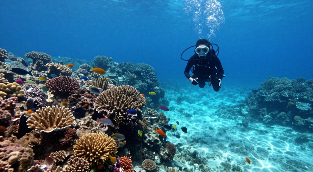 A breathtaking underwater scene in Raja Ampat, showcasing the crystal-clear visibility characteristic of the dive conditions. In the foreground, a diver in modest diving attire explores a vibrant coral reef teeming with colorful tropical fish. The middle ground features intricate coral formations, illuminated by gentle sunlight filtering down from the surface, creating a dappled light effect on the ocean floor. The background highlights a serene deep blue expanse, emphasizing the depth and clarity of the water. The atmosphere is tranquil and inviting, embodying the essence of an ideal diving holiday. The image captures the beauty and biodiversity of this underwater paradise, conveying a sense of adventure and exploration. No text or watermarks are present, ensuring a clean and professional presentation.