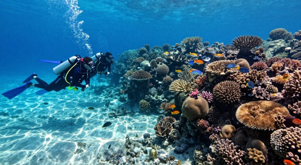A breathtaking underwater scene in Raja Ampat, showcasing the vibrant marine biodiversity in pristine coral reefs. In the foreground, a group of professional divers in colorful wetsuits are exploring the underwater landscape, observing schools of tropical fish and intricate corals. In the middle ground, vivid coral formations rise, with sunlight filtering down through the clear water, creating dancing patterns on the ocean floor. The background features a serene blue expanse, hinting at the rich diversity of life beyond view. The lighting is bright and natural, enhancing colors, and giving a sense of tranquility and adventure. The mood evokes a sense of exploration and awe at the beauty of Raja Ampat’s underwater ecosystem, captured in stunning detail, reminiscent of a National Geographic quality photograph.