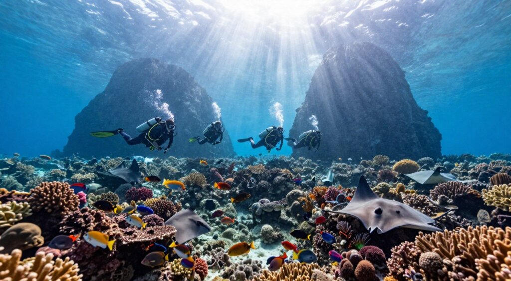 A breathtaking underwater scene in Raja Ampat, showcasing vibrant coral reefs teeming with colorful marine life. In the foreground, a group of divers in modest, professional diving gear explore the underwater ecosystem, capturing the beauty of the ocean. The middle ground features an array of tropical fish darting among the corals, while rays of sunlight penetrate the clear blue water, creating a magical sparkle around the divers. In the background, the iconic limestone islands of Raja Ampat rise dramatically from the sea, framed against a bright, sunlit sky. The overall atmosphere is serene and exhilarating, embodying the awe of snorkeling and diving in this exotic destination, all presented in a high-quality, photojournalistic style.