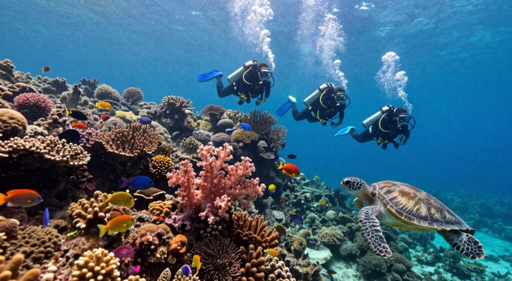 A breathtaking underwater scene in Raja Ampat, showcasing vibrant coral reefs teeming with diverse marine life, including colorful fish, sea turtles, and soft corals. In the foreground, a group of divers in professional scuba gear explore the rich biodiversity, their bubbles rising to the surface. The middle ground features intricate coral formations, while the background fades into a deep blue ocean, illuminated by sunlight filtering through the water, creating a serene and inviting atmosphere. Capture this scene with a wide-angle lens to emphasize the vastness of the underwater world, using natural light for a warm, inviting glow, embodying the adventurous spirit of diving in Raja Ampat.