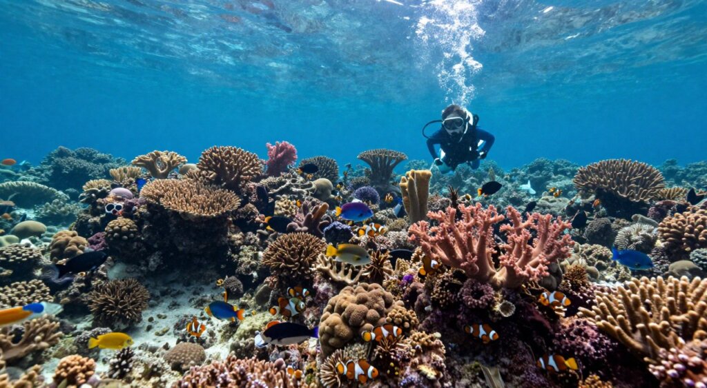 A breathtaking underwater scene in Raja Ampat, showcasing vibrant coral reefs teeming with diverse marine life. In the foreground, a diver in modest snorkeling gear explores colorful coral formations, revealing various tropical fish like clownfish, angelfish, and parrotfish darting among the corals. The middle ground features an array of corals, from soft corals swaying gently to hard corals forming intricate structures. The background is a crystal-clear ocean, illuminated by soft sunlight filtering through the surface, creating dappled light patterns. Capture this scene with a wide-angle lens from a slightly angled perspective, emphasizing depth and immersiveness. The mood is tranquil yet vibrant, showcasing the beauty and richness of marine biodiversity in a pristine environment.