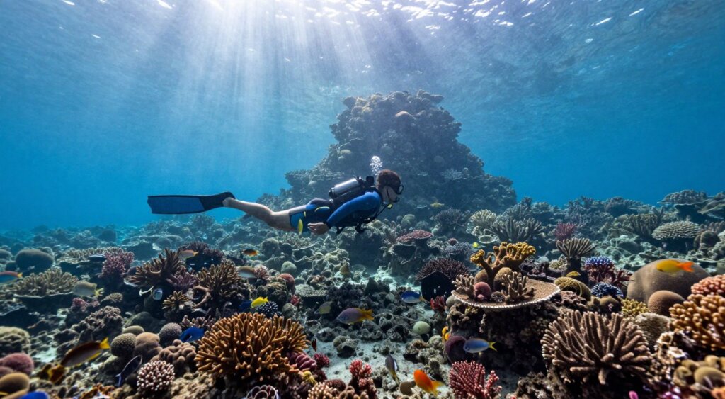 A breathtaking underwater scene of a freediver exploring the vibrant coral reefs of Raja Ampat, Indonesia. In the foreground, the freediver, wearing a professional wetsuit and fins, gracefully swims amidst a diverse array of colorful marine life, including schools of fish and intricate corals. The middle ground showcases the clear blue water, with beams of sunlight piercing through the surface, illuminating the underwater landscape. In the background, a distant reef formation rises majestically, adding depth and beauty to the scene. The atmosphere is serene and adventurous, capturing the essence of exploration in a remote paradise. The lighting is soft yet bright, evoking a sense of wonder and tranquility. The image is shot from a slightly elevated angle, enhancing the perspective of the freediver's interaction with the underwater world.