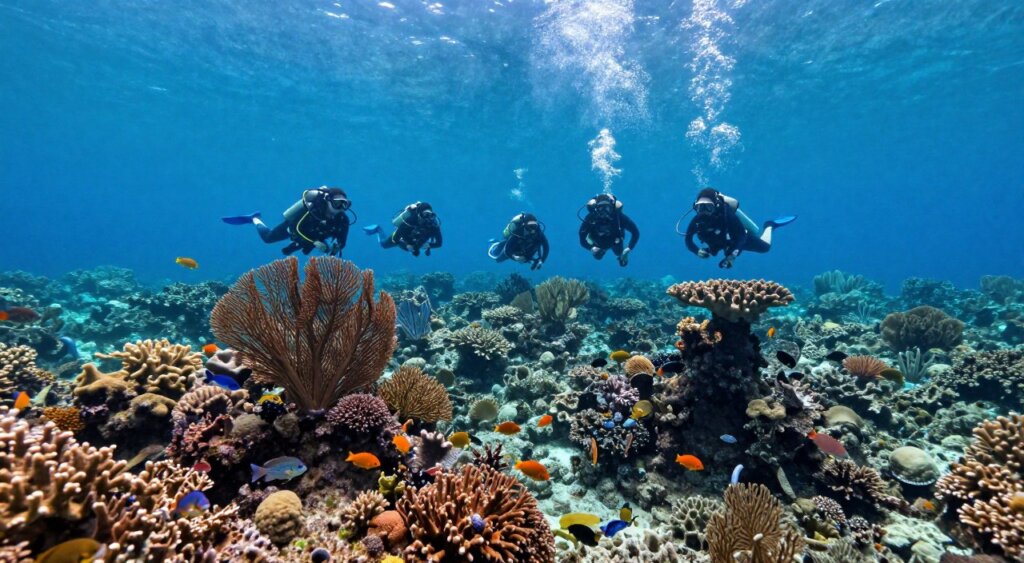 A breathtaking underwater scene set in Raja Ampat, showcasing the diversity of diving experiences in this stunning marine paradise. In the foreground, a group of divers in modest, professional wetsuits explore vibrant coral reefs teeming with colorful fish and marine life. The middle ground features a variety of underwater formations, such as swaying sea fans and unique rock structures, while the background fades into a mesmerizing gradient of deep blue water, illuminated by soft, dappled sunlight filtering down from above. The atmosphere is serene and inviting, highlighting the beauty and tranquility of the underwater world. The image should capture the wonder of diving in Raja Ampat, resembling a high-quality National Geographic photojournalism style, with clear details and vibrant colors, emphasizing the richness of the marine ecosystem.