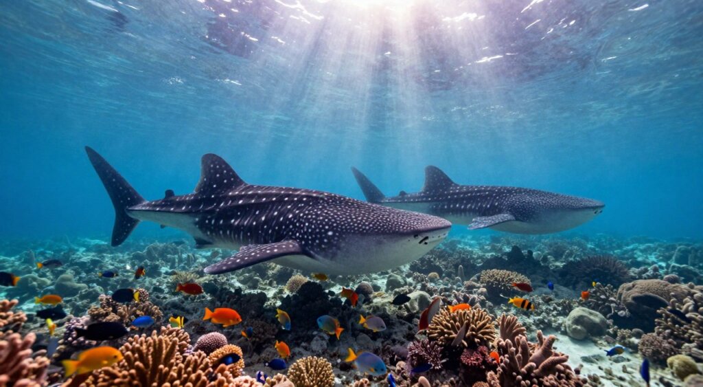A breathtaking underwater scene showcasing majestic whale sharks swimming gracefully in the crystal-clear waters of Indonesia. In the foreground, two large whale sharks glide effortlessly along the vibrant coral reef, their distinctive patterns and gentle expressions vividly captured. The middle ground features schools of colorful tropical fish darting around the coral formations, adding life and dynamism to the scene. In the background, soft sunlight filters through the water, creating a serene and ethereal glow that highlights the underwater landscape. The atmosphere is tranquil and awe-inspiring, conveying the beauty of these gentle giants in their natural habitat. The composition is shot with a wide-angle lens for a dramatic effect, emphasizing both the whale sharks and their colorful surroundings, akin to a National Geographic photojournalism style.