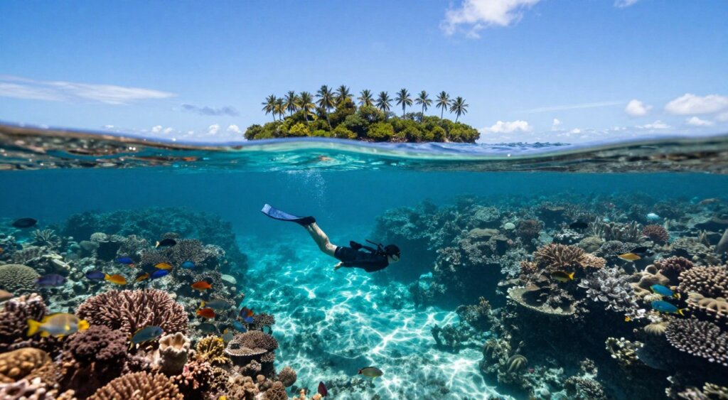 A breathtaking underwater scene showcasing one of the best freediving spots in Raja Ampat. The foreground features a serene diver in a sleek black wetsuit, gracefully descending into vibrant coral reefs, illuminated by beams of sunlight filtering through the crystal-clear turquoise water. Surrounding the diver are schools of colorful fish, showcasing the rich biodiversity of the area. In the middle ground, the intricate shapes of soft and hard corals can be seen, adding texture to the underwater landscape. The background reveals the stunning silhouette of a remote, lush island with palm trees under a bright blue sky. The mood is tranquil and awe-inspiring, embodying the beauty and serenity of freediving in a tropical paradise. Capture this scene with a wide-angle lens to highlight the expansive underwater world. A breathtaking underwater scene showcasing one of the best freediving spots in Raja Ampat. The foreground features a serene diver in a sleek black wetsuit, gracefully descending into vibrant coral reefs, illuminated by beams of sunlight filtering through the crystal-clear turquoise water. Surrounding the diver are schools of colorful fish, showcasing the rich biodiversity of the area. In the middle ground, the intricate shapes of soft and hard corals can be seen, adding texture to the underwater landscape. The background reveals the stunning silhouette of a remote, lush island with palm trees under a bright blue sky. The mood is tranquil and awe-inspiring, embodying the beauty and serenity of freediving in a tropical paradise. Capture this scene with a wide-angle lens to highlight the expansive underwater world.
