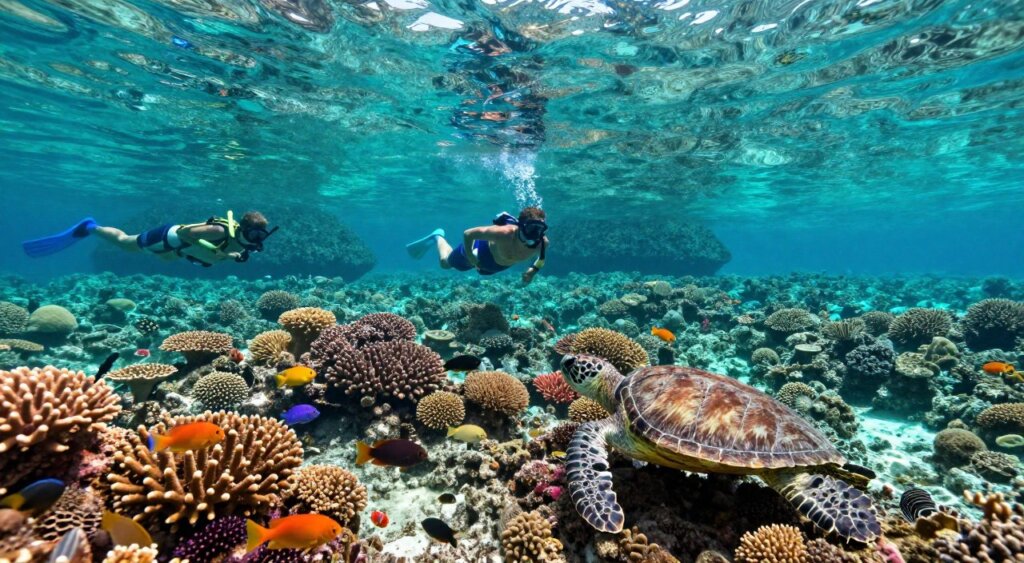 A breathtaking underwater scene showcasing some of the top snorkeling spots in Raja Ampat. In the foreground, a vibrant coral reef teeming with diverse marine life such as colorful fish, sea turtles, and intricate coral formations. In the middle ground, snorkeling enthusiasts in modest swim attire explore the rich biodiversity, using high-quality snorkeling gear. The background features crystal-clear turquoise waters and lush, green tropical islands jutting out from the surface. Sunlight filters through the water's surface, creating a shimmering effect and illuminating the vibrant colors below. The overall mood is serene and adventurous, capturing the essence of exploration in this pristine destination. The composition is framed as if taken with a wide-angle lens, emphasizing both the beauty of the underwater world and the joy of snorkeling.