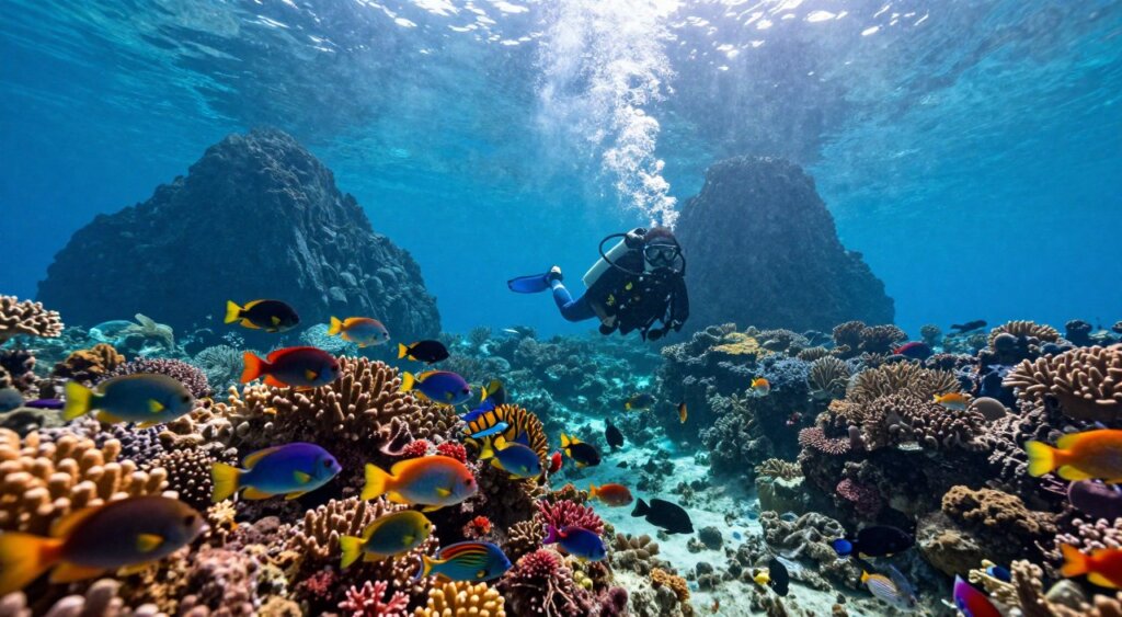 A breathtaking underwater scene showcasing the best dive sites in Raja Ampat. In the foreground, a school of colorful tropical fish swims gracefully among vibrant coral reefs, teeming with life. In the middle ground, a diver in professional dive gear explores a kaleidoscope of corals, capturing the essence of this underwater paradise. Sunlight filters through the crystal-clear water, creating a shimmering effect, with soft rays illuminating the diver's path. The background features stunning limestone islands rising dramatically from the ocean, surrounded by rich blue waves. The atmosphere is tranquil yet exhilarating, highlighting the beauty and biodiversity of Raja Ampat’s marine ecosystem. The composition should evoke a sense of adventure and serenity, embodying the spirit of diving in this pristine location, shot in a vivid, hyper-realistic style akin to National Geographic photography. A breathtaking underwater scene showcasing the best dive sites in Raja Ampat. In the foreground, a school of colorful tropical fish swims gracefully among vibrant coral reefs, teeming with life. In the middle ground, a diver in professional dive gear explores a kaleidoscope of corals, capturing the essence of this underwater paradise. Sunlight filters through the crystal-clear water, creating a shimmering effect, with soft rays illuminating the diver's path. The background features stunning limestone islands rising dramatically from the ocean, surrounded by rich blue waves. The atmosphere is tranquil yet exhilarating, highlighting the beauty and biodiversity of Raja Ampat’s marine ecosystem. The composition should evoke a sense of adventure and serenity, embodying the spirit of diving in this pristine location, shot in a vivid, hyper-realistic style akin to National Geographic photography.