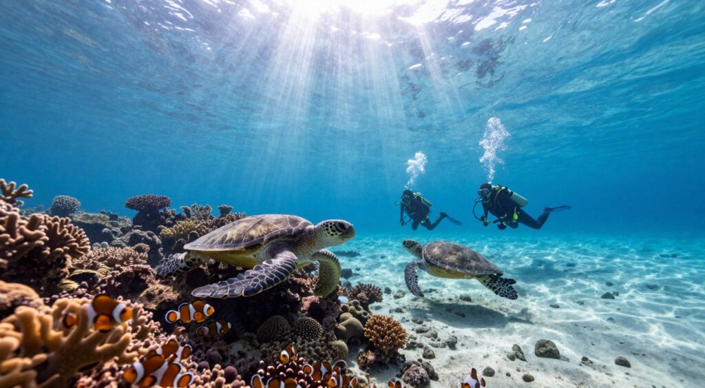 A breathtaking underwater scene showcasing the best dive spots in Lombok. In the foreground, vibrant coral reefs teem with diverse marine life, including colorful clownfish and graceful sea turtles. The middle ground features a group of divers in professional scuba gear exploring the reefs, capturing the excitement and beauty of the underwater world. In the background, the sun filters through the crystal-clear water, creating dazzling beams of light that illuminate the surrounding marine landscape. The ocean floor is covered with soft sand dotted with scattered rocks, adding depth to the scene. The mood is serene and adventurous, evoking a sense of exploration in this stunning underwater paradise. The image is shot with a wide-angle lens, capturing the expansive beauty of the dive site, perfectly balanced in vibrant colors and natural lighting. A breathtaking underwater scene showcasing the best dive spots in Lombok. In the foreground, vibrant coral reefs teem with diverse marine life, including colorful clownfish and graceful sea turtles. The middle ground features a group of divers in professional scuba gear exploring the reefs, capturing the excitement and beauty of the underwater world. In the background, the sun filters through the crystal-clear water, creating dazzling beams of light that illuminate the surrounding marine landscape. The ocean floor is covered with soft sand dotted with scattered rocks, adding depth to the scene. The mood is serene and adventurous, evoking a sense of exploration in this stunning underwater paradise. The image is shot with a wide-angle lens, capturing the expansive beauty of the dive site, perfectly balanced in vibrant colors and natural lighting.