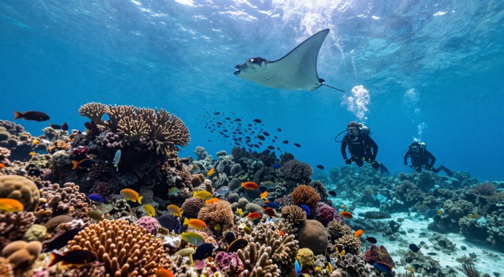 A breathtaking underwater scene showcasing the best diving spots in Raja Ampat, Indonesia. In the foreground, a diverse array of vibrant coral reefs forms an intricate landscape, teeming with colorful fish and marine life. Scuba divers in modest wet suits explore the reefs, their movements graceful and curious. In the middle ground, large schools of fish swirl around natural rock formations, while a majestic manta ray glides gracefully above. The background features sun-dappled water, creating ethereal light filtering through the surface. Capture this vivid tableau with bright, clear colors, and ensure the image has a sense of depth and tranquility, reminiscent of a National Geographic photograph. The lighting should emphasize the underwater textures and the vibrant hues of the marine ecosystem.