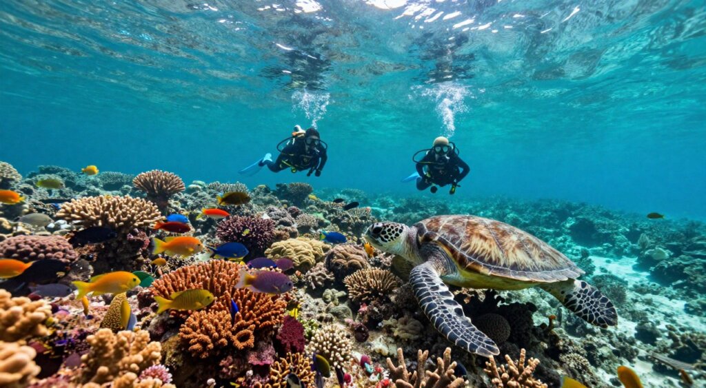 A breathtaking underwater scene showcasing the top dive sites in Raja Ampat, Indonesia. In the foreground, vibrant coral reefs teeming with diverse marine life, including schools of colorful fish and a graceful sea turtle gracefully gliding by. The middle ground features divers in professional dive gear exploring the coral formations, capturing the thrill of underwater exploration. In the background, crystal-clear turquoise waters illuminated by sunlight filtering through the surface, creating a magical atmosphere. The image should evoke a sense of adventure and serenity, reminiscent of high-quality National Geographic photography. Soft, natural lighting highlights the vivid colors of the ocean and its inhabitants while maintaining a sharp, detailed focus. Aim for a wide-angle perspective to encompass the beauty and richness of these dive sites, with no human subjects displaying nudity or provocative poses.