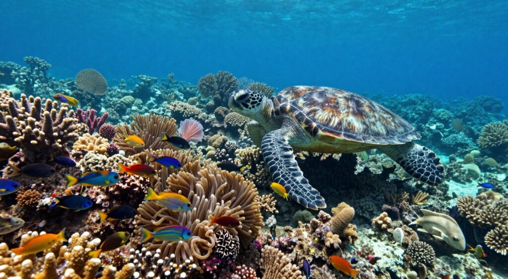 A breathtaking underwater scene showcasing the unique marine biodiversity of Raja Ampat, featuring vibrant coral reefs teeming with diverse marine life. In the foreground, a school of colorful fish weaves through intricate coral formations, shimmering in sunlight that filters down from the surface. The middle ground reveals a majestic sea turtle gracefully gliding amidst the coral, surrounded by swaying anemones and delicate sea fans. The background captures the tranquil blue depths fading into darker hues, hinting at the rich mysteries below. The lighting is bright and clear, evoking a sense of serenity and wonder. This image embodies the raw beauty of Raja Ampat's ecosystems, inviting viewers into a world of extraordinary marine life. A breathtaking underwater scene showcasing the unique marine biodiversity of Raja Ampat, featuring vibrant coral reefs teeming with diverse marine life. In the foreground, a school of colorful fish weaves through intricate coral formations, shimmering in sunlight that filters down from the surface. The middle ground reveals a majestic sea turtle gracefully gliding amidst the coral, surrounded by swaying anemones and delicate sea fans. The background captures the tranquil blue depths fading into darker hues, hinting at the rich mysteries below. The lighting is bright and clear, evoking a sense of serenity and wonder. This image embodies the raw beauty of Raja Ampat's ecosystems, inviting viewers into a world of extraordinary marine life.