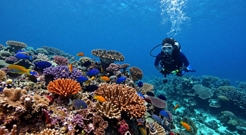 A breathtaking underwater scene showcasing the vibrant coral gardens of Lombok, teeming with marine life. In the foreground, a skilled scuba diver in professional diving gear explores the vivid corals, surrounded by schools of colorful tropical fish. The middle ground features a diverse array of corals in shades of orange, purple, and blue, creating a captivating tapestry of textures. The background fades into the deep blue ocean, illuminated by dappled sunlight filtering through the surface, enhancing the serene and tranquil atmosphere. The image captures the essence of exploration and adventure, evoking a sense of wonder in the beautiful underwater ecosystem of Lombok. Aim for a high-resolution photograph with a wide-angle lens to encompass the stunning biodiversity and vibrant colors. A breathtaking underwater scene showcasing the vibrant coral gardens of Lombok, teeming with marine life. In the foreground, a skilled scuba diver in professional diving gear explores the vivid corals, surrounded by schools of colorful tropical fish. The middle ground features a diverse array of corals in shades of orange, purple, and blue, creating a captivating tapestry of textures. The background fades into the deep blue ocean, illuminated by dappled sunlight filtering through the surface, enhancing the serene and tranquil atmosphere. The image captures the essence of exploration and adventure, evoking a sense of wonder in the beautiful underwater ecosystem of Lombok. Aim for a high-resolution photograph with a wide-angle lens to encompass the stunning biodiversity and vibrant colors.