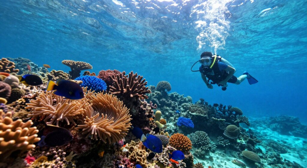 A breathtaking underwater scene showcasing the vibrant diving conditions of Gili Trawangan, Indonesia. In the foreground, a diver in modest snorkeling gear explores a coral reef teeming with colorful marine life, including parrotfish and vibrant anemones. The middle ground features an array of stunning corals in shades of blue and orange, reflecting the sunlight penetrating the crystal-clear waters. In the background, the surface of the water shimmers with glimmers of sunlight, creating an ethereal atmosphere. The lighting is bright and inviting, with rays filtering through the shallow depths, enhancing the visibility of the diverse aquatic ecosystem. Capture this scene from a low angle, emphasizing the diver's journey into the underwater paradise, evoking a sense of adventure and tranquility. A breathtaking underwater scene showcasing the vibrant diving conditions of Gili Trawangan, Indonesia. In the foreground, a diver in modest snorkeling gear explores a coral reef teeming with colorful marine life, including parrotfish and vibrant anemones. The middle ground features an array of stunning corals in shades of blue and orange, reflecting the sunlight penetrating the crystal-clear waters. In the background, the surface of the water shimmers with glimmers of sunlight, creating an ethereal atmosphere. The lighting is bright and inviting, with rays filtering through the shallow depths, enhancing the visibility of the diverse aquatic ecosystem. Capture this scene from a low angle, emphasizing the diver's journey into the underwater paradise, evoking a sense of adventure and tranquility.