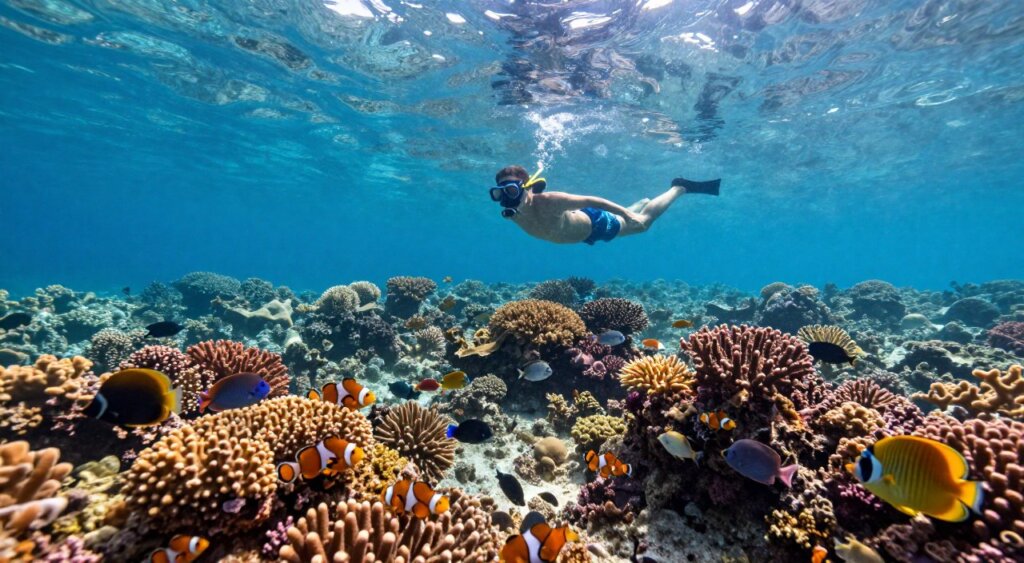 A breathtaking underwater scene showcasing the vibrant marine life at one of the best snorkeling spots in Amed, Bali. In the foreground, a diverse array of colorful coral reefs teeming with tropical fish such as clownfish and butterflyfish, creating a kaleidoscope of colors. Scenic visibility enhances the underwater experience. In the middle ground, a snorkeler in modest, casual swimwear gracefully glides through the clear blue water, capturing the essence of adventure and exploration. The background features sunlit ripples on the water’s surface above, with rays of sunlight penetrating into the depths, illuminating the coral and fish below. The atmosphere is calm and inviting, evoking a sense of tranquility and wonder typical of Bali's enchanting underwater landscapes. Ideal for a professional photojournalism style, resembling National Geographic quality.