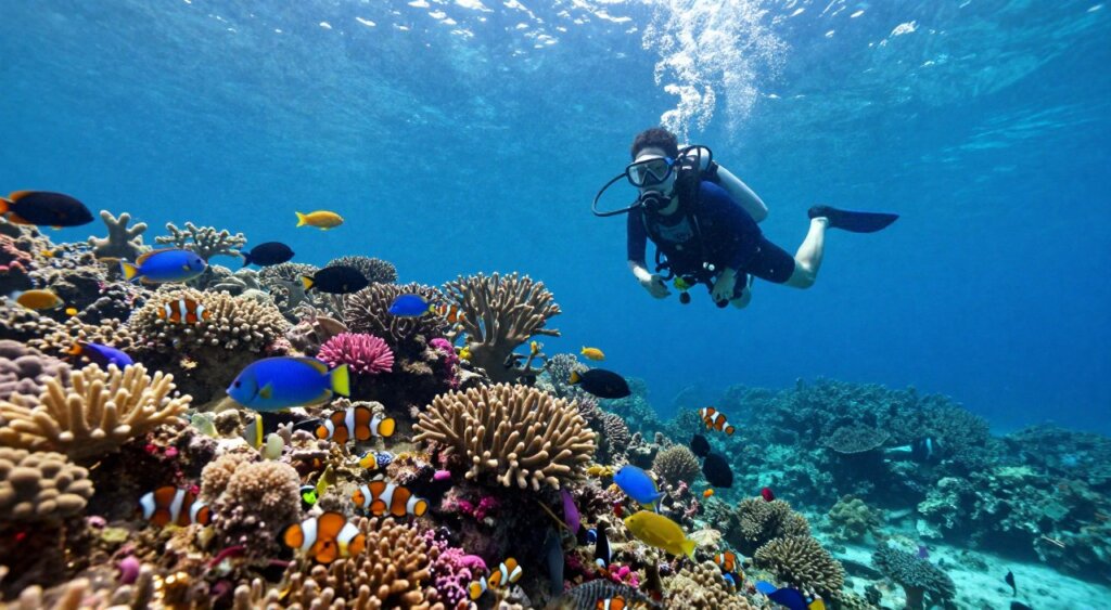 A breathtaking underwater scene showcasing the vibrant marine life of Amed, Bali. In the foreground, a scuba diver in modest swimwear explores a colorful coral reef teeming with tropical fish of various species, including clownfish and parrotfish. The diver is equipped with professional scuba gear, capturing the essence of exploration. In the middle, an array of corals in shades of blue, pink, and yellow creates a vibrant habitat, while the water clarity adds depth to the image. In the background, gentle sunlight filters through the water surface, casting shimmering patterns, enhancing the serene and inviting atmosphere. The overall mood is one of tranquility and adventure, ideal for illustrating the beauty of Amed as a diver's paradise.