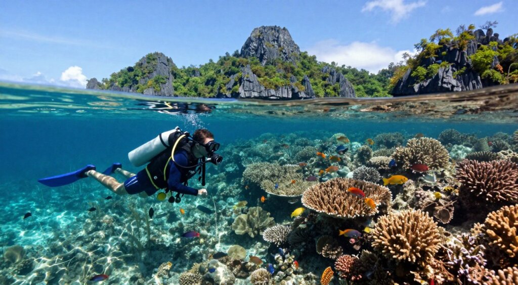 A breathtaking underwater scene showcasing the vibrant marine life of Raja Ampat during optimal diving conditions. In the foreground, a scuba diver in a professional wetsuit, equipped with a camera, captures the beauty of coral reefs teeming with colorful fish. The middle ground features striking coral formations illuminated by soft rays of sunlight filtering through the crystal-clear water, creating a serene and inviting atmosphere. In the background, majestic limestone islands rise above the surface, framed by lush greenery under a bright blue sky. The composition should evoke a sense of adventure and tranquility, resembling a high-quality National Geographic photojournalism image, with vivid colors, sharp detail, and an emphasis on the rich underwater biodiversity. Natural lighting enhances the scene, projecting an inviting and peaceful ambiance perfect for diving.