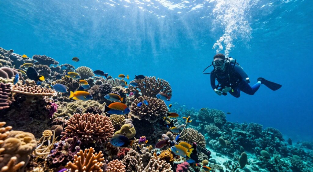 A breathtaking underwater scene showcasing the vibrant marine life of Raja Ampat's best diving spots. In the foreground, a diver is exploring a coral reef rich in colors, adorned with tropical fish of various species. The diver wears a well-fitted wetsuit, with a focused expression of awe. In the middle, a sprawling reef bursts with vibrantly colored corals and schools of fish darting among the corals. The background reveals a deep azure ocean, where beams of sunlight penetrate the surface, creating a serene and ethereal lighting effect, reminiscent of a National Geographic photograph. The scene conveys a sense of adventure and tranquility, illustrating the beauty and diversity of diving experiences in Raja Ampat. A breathtaking underwater scene showcasing the vibrant marine life of Raja Ampat's best diving spots. In the foreground, a diver is exploring a coral reef rich in colors, adorned with tropical fish of various species. The diver wears a well-fitted wetsuit, with a focused expression of awe. In the middle, a sprawling reef bursts with vibrantly colored corals and schools of fish darting among the corals. The background reveals a deep azure ocean, where beams of sunlight penetrate the surface, creating a serene and ethereal lighting effect, reminiscent of a National Geographic photograph. The scene conveys a sense of adventure and tranquility, illustrating the beauty and diversity of diving experiences in Raja Ampat.