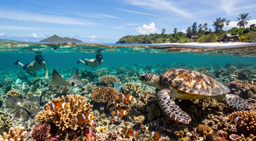 A breathtaking underwater scene showcasing the vibrant snorkeling spots of the Gili Islands in Lombok, Indonesia. The foreground features colorful coral reefs teeming with diverse marine life, such as clownfish and sea turtles swimming gracefully among the coral formations. In the middle ground, snorkelers in modest swim attire explore the underwater paradise, their expressions filled with wonder, while rays of sunlight filter through the clear turquoise water, illuminating the scene with a warm glow. The background reveals distant silhouettes of Gili Islands with lush greenery and soft sandy beaches under a bright blue sky. The atmosphere is serene and inviting, evoking a sense of adventure and beauty in nature. Capture this idyllic setting with a wide-angle lens to highlight the expanse of underwater life and the breathtaking landscape. A breathtaking underwater scene showcasing the vibrant snorkeling spots of the Gili Islands in Lombok, Indonesia. The foreground features colorful coral reefs teeming with diverse marine life, such as clownfish and sea turtles swimming gracefully among the coral formations. In the middle ground, snorkelers in modest swim attire explore the underwater paradise, their expressions filled with wonder, while rays of sunlight filter through the clear turquoise water, illuminating the scene with a warm glow. The background reveals distant silhouettes of Gili Islands with lush greenery and soft sandy beaches under a bright blue sky. The atmosphere is serene and inviting, evoking a sense of adventure and beauty in nature. Capture this idyllic setting with a wide-angle lens to highlight the expanse of underwater life and the breathtaking landscape.